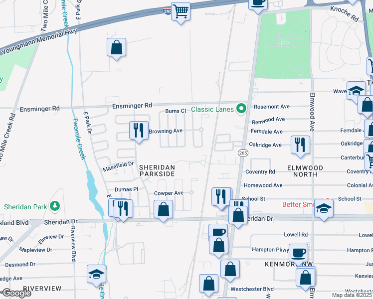 map of restaurants, bars, coffee shops, grocery stores, and more near 99 Blackmore Street in Tonawanda