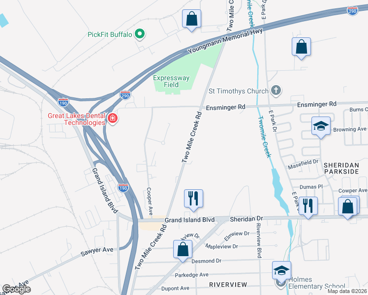 map of restaurants, bars, coffee shops, grocery stores, and more near 387 Two Mile Creek Road in Tonawanda