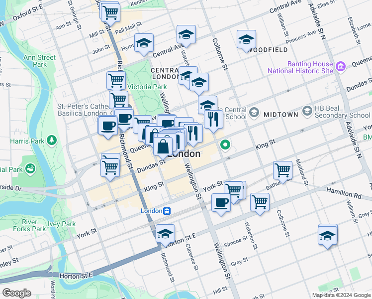 map of restaurants, bars, coffee shops, grocery stores, and more near 288 Dundas Street in London