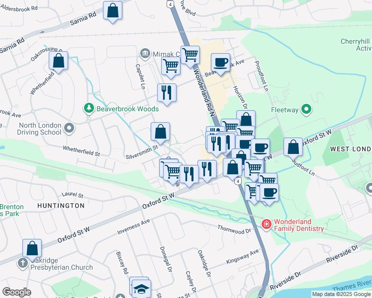 map of restaurants, bars, coffee shops, grocery stores, and more near 700 Wonderland Road North in London