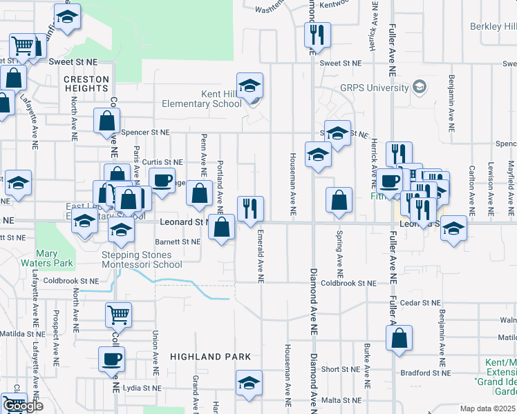 map of restaurants, bars, coffee shops, grocery stores, and more near Leonard Street Northeast in Grand Rapids
