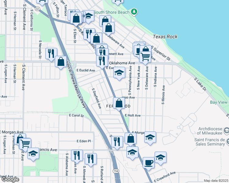 map of restaurants, bars, coffee shops, grocery stores, and more near 3261 South Kinnickinnic Avenue in Milwaukee