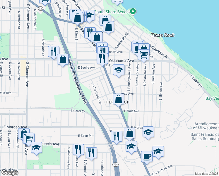 map of restaurants, bars, coffee shops, grocery stores, and more near 3261 South Kinnickinnic Avenue in Milwaukee