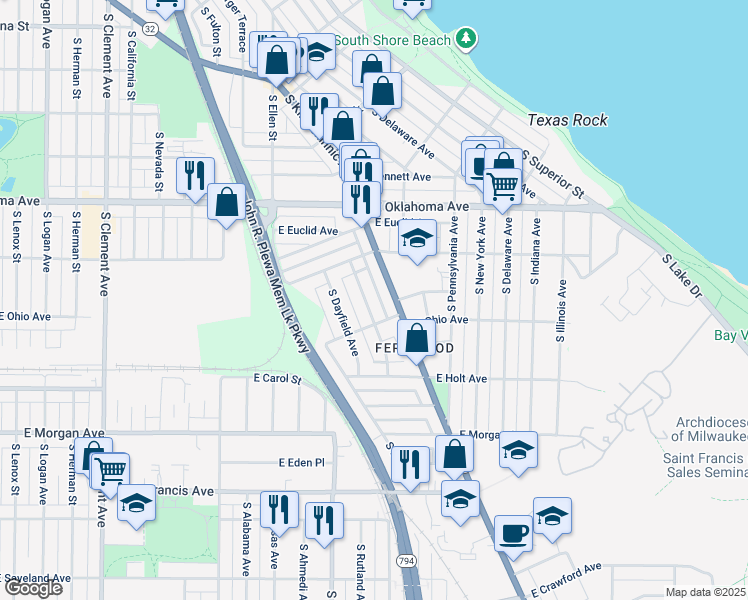 map of restaurants, bars, coffee shops, grocery stores, and more near 3239 South Springfield Avenue in Milwaukee