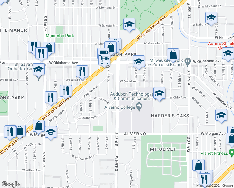 map of restaurants, bars, coffee shops, grocery stores, and more near 3224 South 43rd Street in Milwaukee