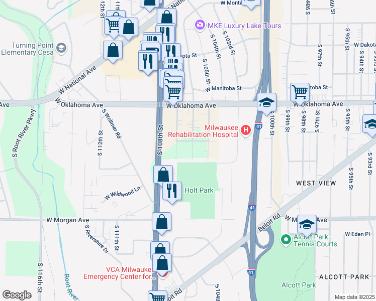 map of restaurants, bars, coffee shops, grocery stores, and more near 3206 South 106th Street in West Allis