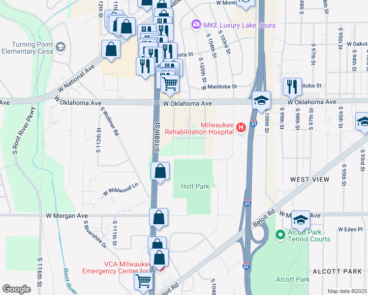 map of restaurants, bars, coffee shops, grocery stores, and more near 3206 South 106th Street in West Allis