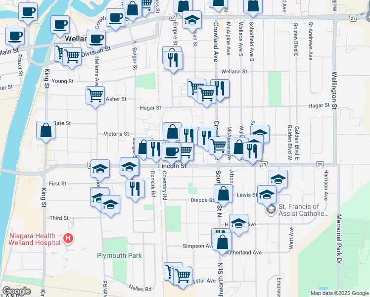 map of restaurants, bars, coffee shops, grocery stores, and more near 312-410 Lincoln Street in Welland