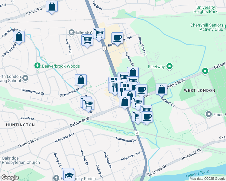 map of restaurants, bars, coffee shops, grocery stores, and more near 670 Wonderland Road North in London