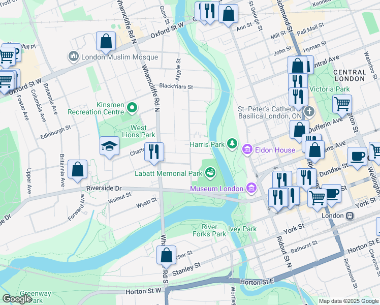 map of restaurants, bars, coffee shops, grocery stores, and more near Rogers Avenue in London