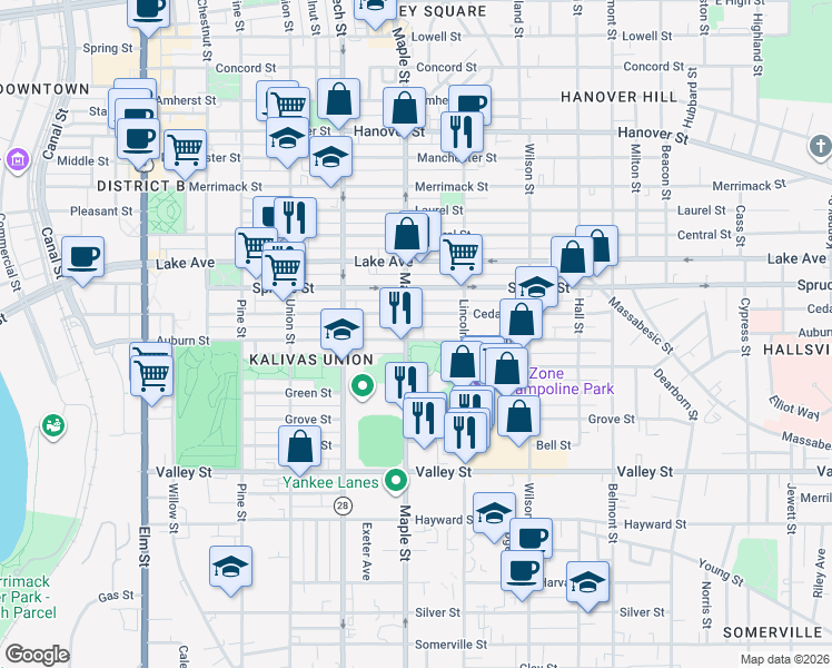 map of restaurants, bars, coffee shops, grocery stores, and more near 393 Cedar Street in Manchester