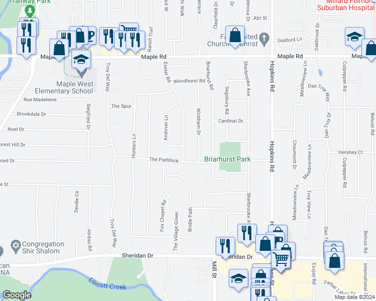 map of restaurants, bars, coffee shops, grocery stores, and more near 27 Exeter Road in Buffalo