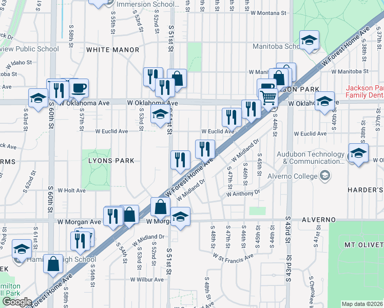 map of restaurants, bars, coffee shops, grocery stores, and more near 3251 South 50th Street in Milwaukee