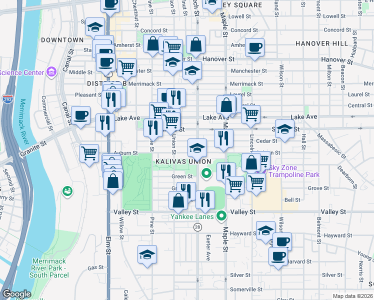 map of restaurants, bars, coffee shops, grocery stores, and more near 262 Auburn Street in Manchester