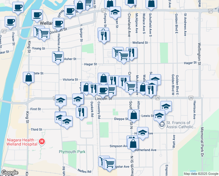 map of restaurants, bars, coffee shops, grocery stores, and more near 410 Lincoln Street in Welland