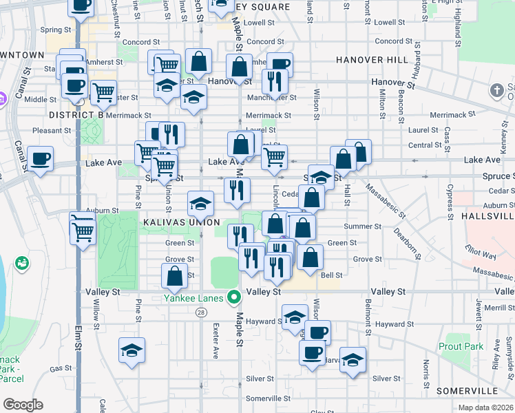 map of restaurants, bars, coffee shops, grocery stores, and more near 436 Auburn Street in Manchester
