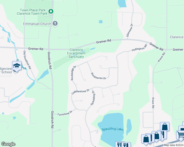 map of restaurants, bars, coffee shops, grocery stores, and more near Rockhaven Drive in Erie County