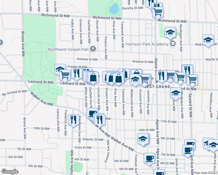 map of restaurants, bars, coffee shops, grocery stores, and more near 1050 Leonard Street Northwest in Grand Rapids
