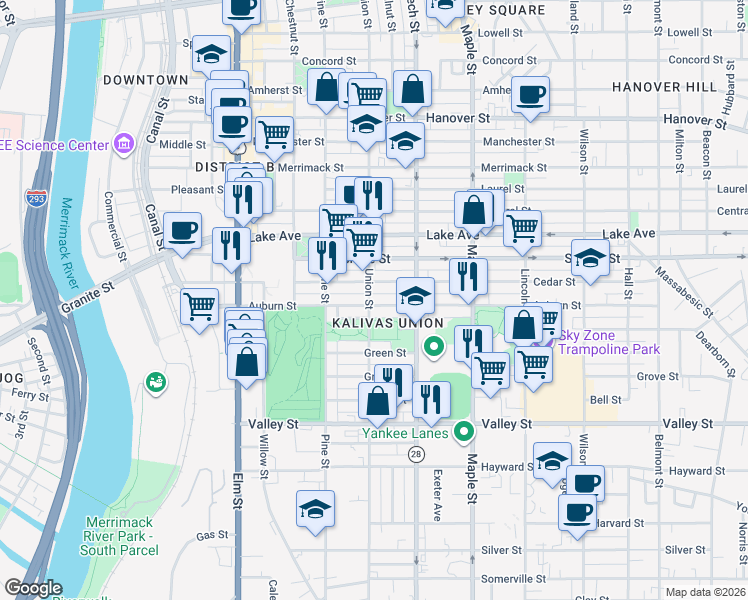 map of restaurants, bars, coffee shops, grocery stores, and more near 215 Cedar Street in Manchester