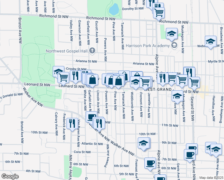 map of restaurants, bars, coffee shops, grocery stores, and more near 1050 Leonard Street Northwest in Grand Rapids