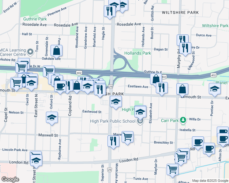 map of restaurants, bars, coffee shops, grocery stores, and more near 938 Exmouth Street in Sarnia