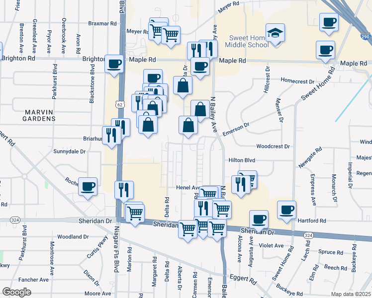 map of restaurants, bars, coffee shops, grocery stores, and more near 461 Alberta Drive in Buffalo