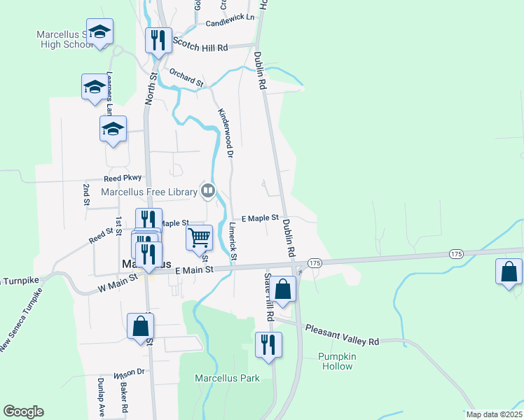 map of restaurants, bars, coffee shops, grocery stores, and more near 2525 East Maple Street in Marcellus