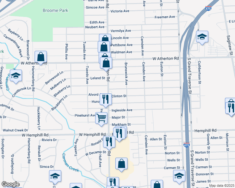 map of restaurants, bars, coffee shops, grocery stores, and more near 4201 Fenton Road in Flint