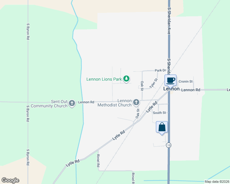 map of restaurants, bars, coffee shops, grocery stores, and more near Root St in Lennon