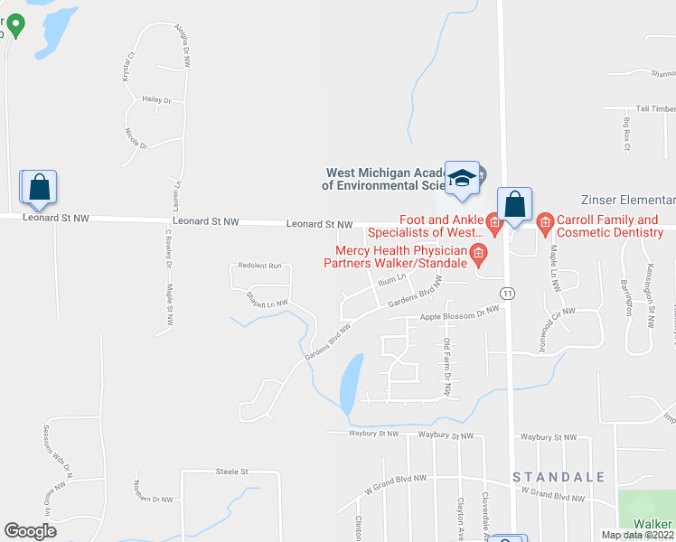 map of restaurants, bars, coffee shops, grocery stores, and more near 1126 West Leonard Court in Grand Rapids