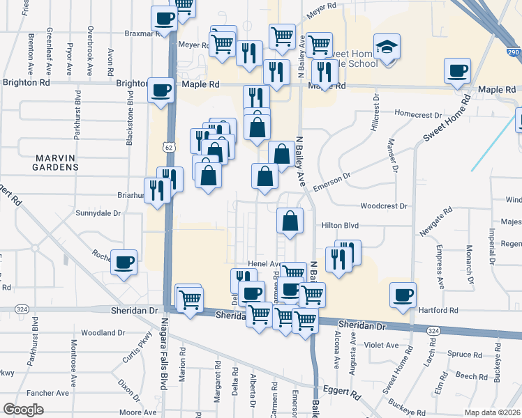 map of restaurants, bars, coffee shops, grocery stores, and more near 461 Alberta Drive in Buffalo