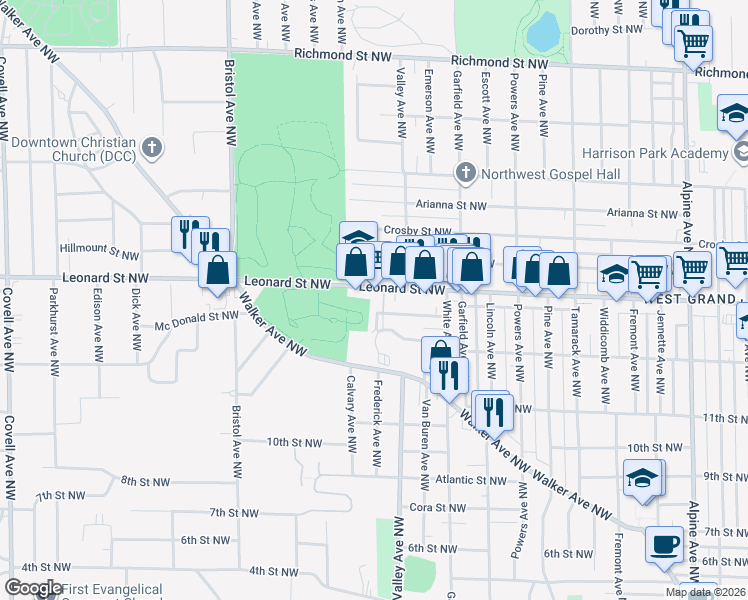 map of restaurants, bars, coffee shops, grocery stores, and more near 1336 Leonard Street Northwest in Grand Rapids
