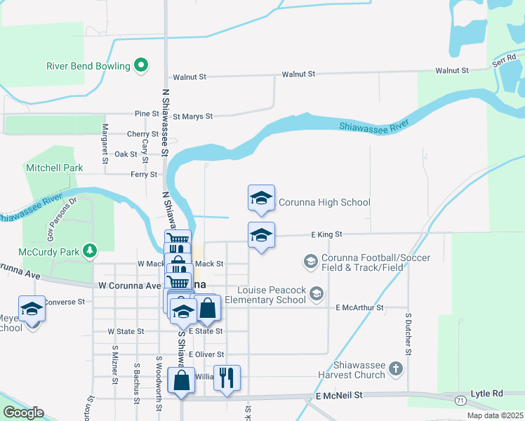 map of restaurants, bars, coffee shops, grocery stores, and more near 417 East King Street in Corunna