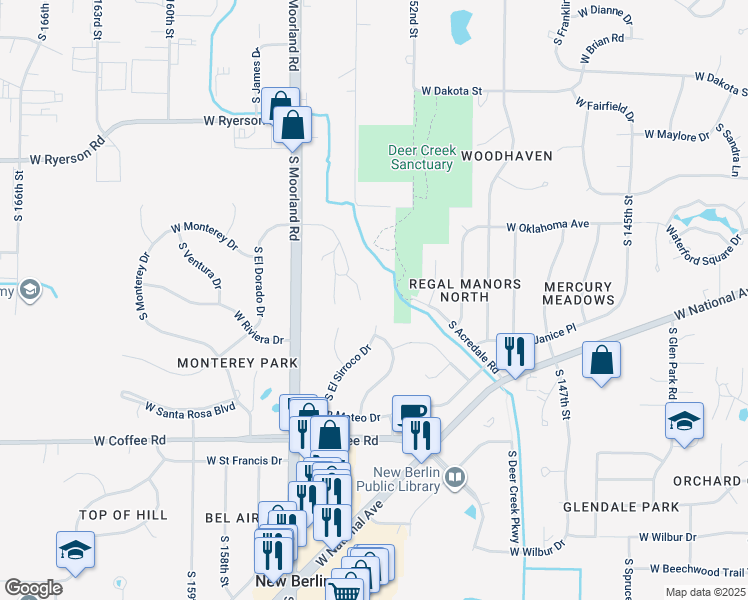 map of restaurants, bars, coffee shops, grocery stores, and more near 3250 South Pinewood Creek Court in New Berlin