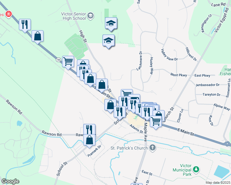 map of restaurants, bars, coffee shops, grocery stores, and more near 32 High St in Victor