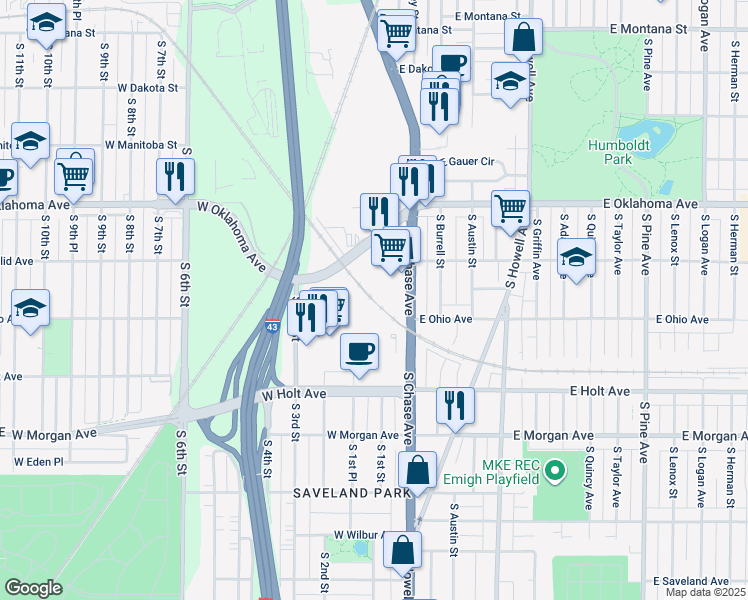 map of restaurants, bars, coffee shops, grocery stores, and more near 201 ADJ West Oklahoma Avenue in Milwaukee