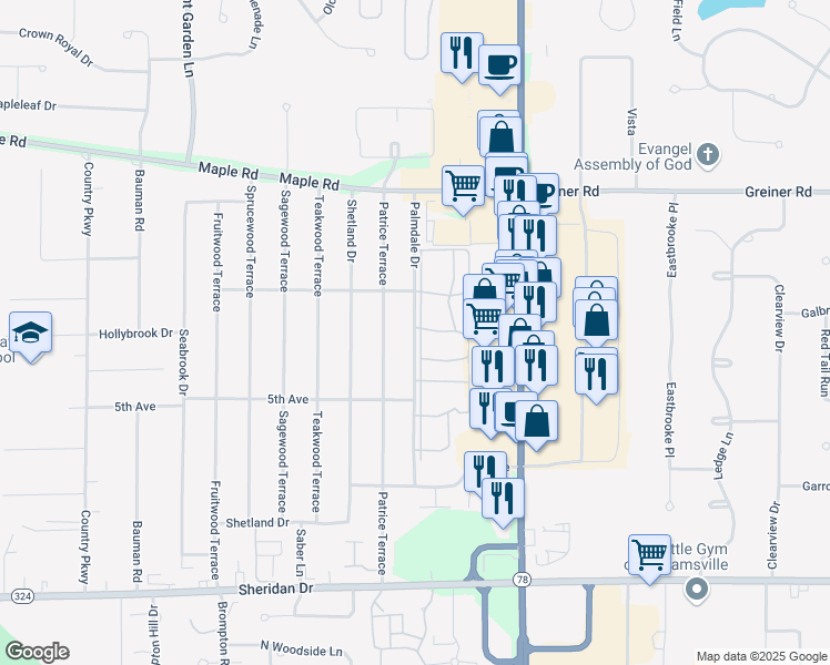 map of restaurants, bars, coffee shops, grocery stores, and more near 189 Palmdale Drive in Buffalo