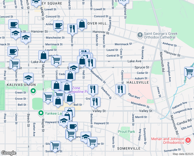 map of restaurants, bars, coffee shops, grocery stores, and more near 160 Massabesic Street in Manchester
