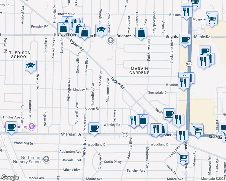 map of restaurants, bars, coffee shops, grocery stores, and more near 135 Maplegrove Avenue in Tonawanda