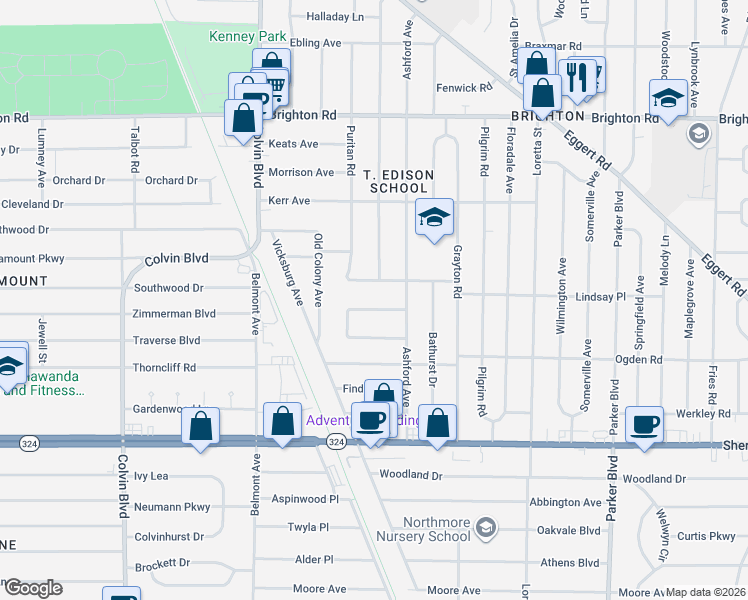 map of restaurants, bars, coffee shops, grocery stores, and more near 40 Puritan Road in Tonawanda
