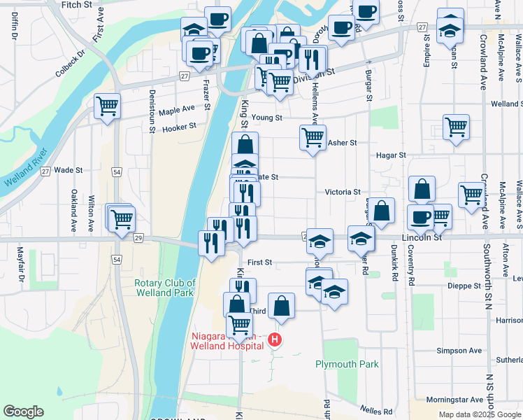 map of restaurants, bars, coffee shops, grocery stores, and more near in Welland