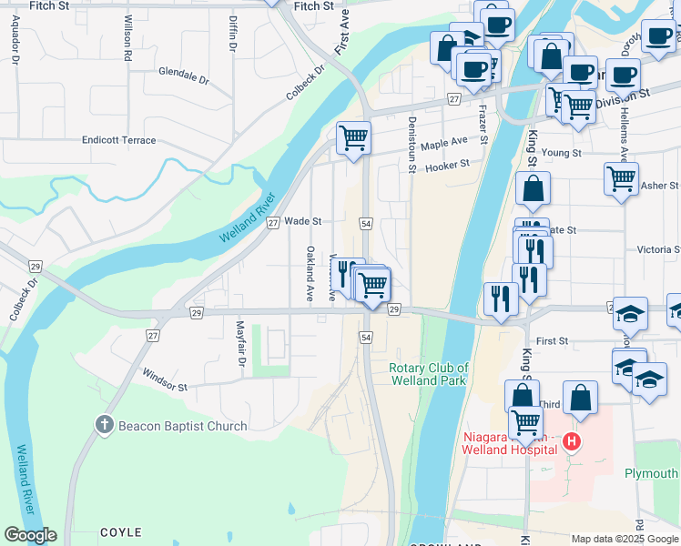map of restaurants, bars, coffee shops, grocery stores, and more near in Welland