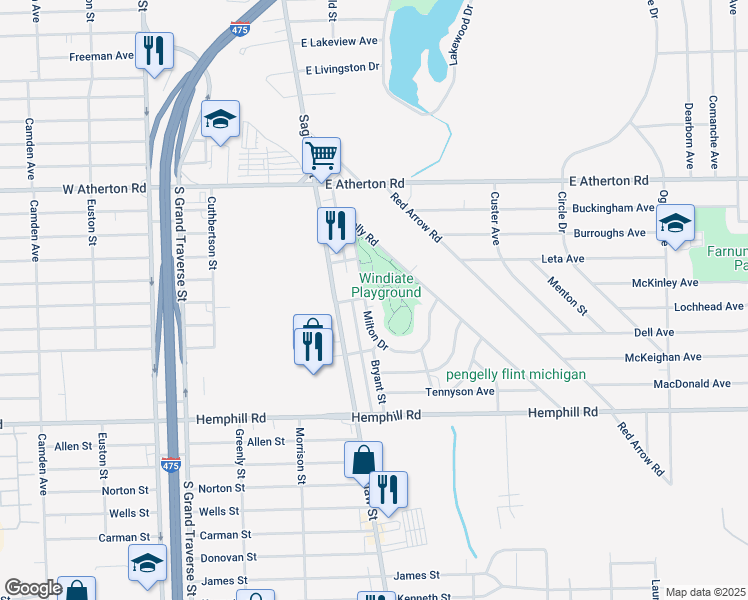map of restaurants, bars, coffee shops, grocery stores, and more near 4217 Milton Drive in Flint