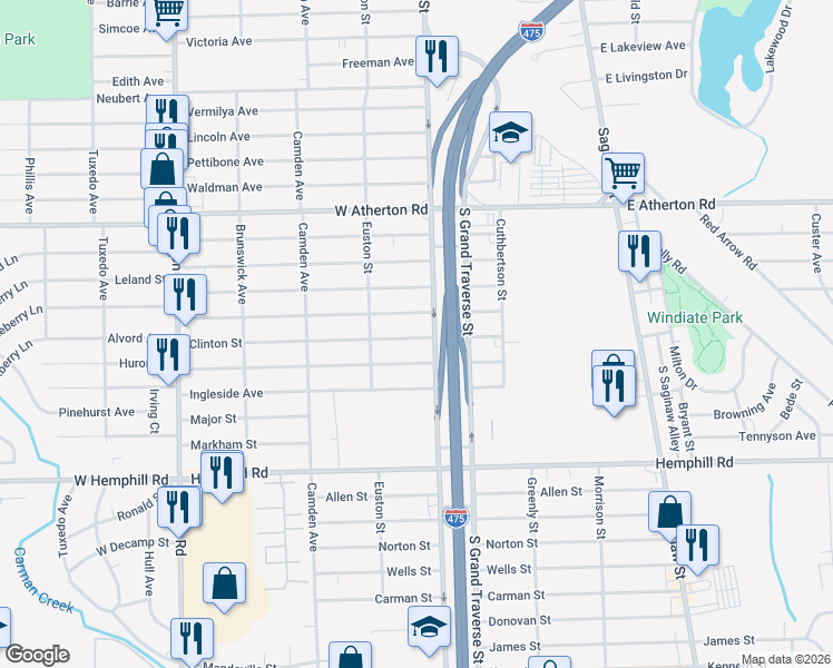 map of restaurants, bars, coffee shops, grocery stores, and more near 4212 South Grand Traverse Street in Flint
