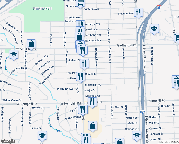 map of restaurants, bars, coffee shops, grocery stores, and more near 4201 Fenton Road in Flint