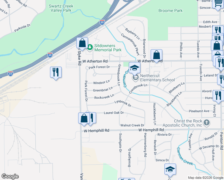 map of restaurants, bars, coffee shops, grocery stores, and more near 1822 Greenbriar Lane in Flint