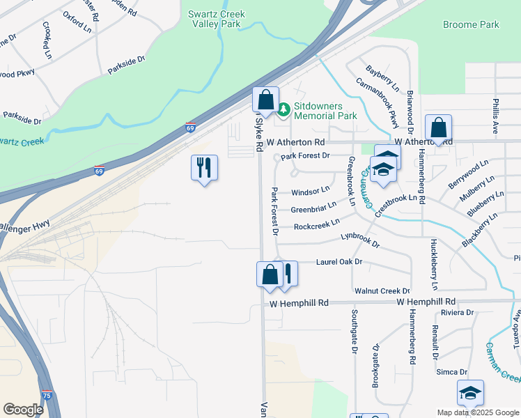 map of restaurants, bars, coffee shops, grocery stores, and more near 3100 Van Slyke Road in Flint