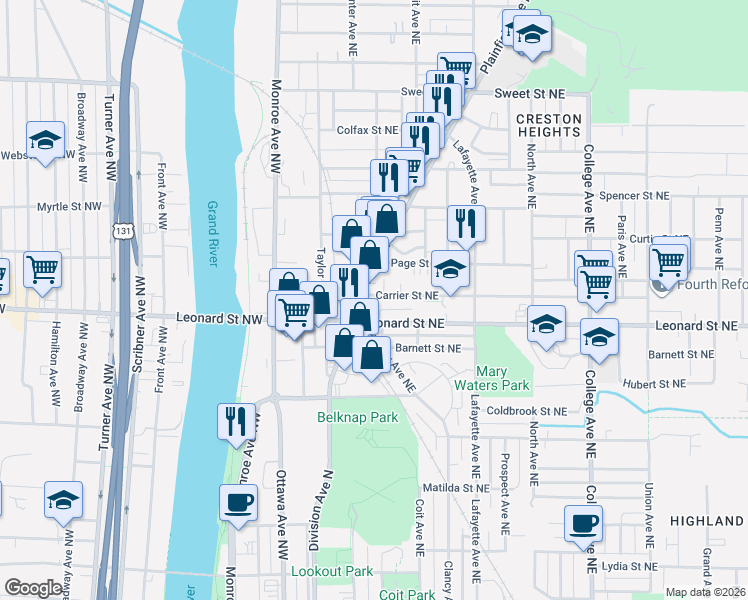 map of restaurants, bars, coffee shops, grocery stores, and more near 111 Carrier Street Northeast in Grand Rapids