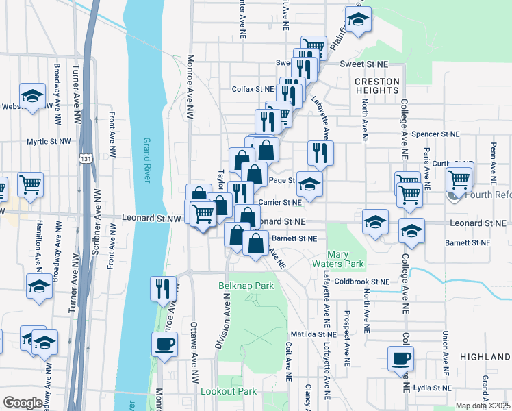 map of restaurants, bars, coffee shops, grocery stores, and more near 111 Carrier Street Northeast in Grand Rapids