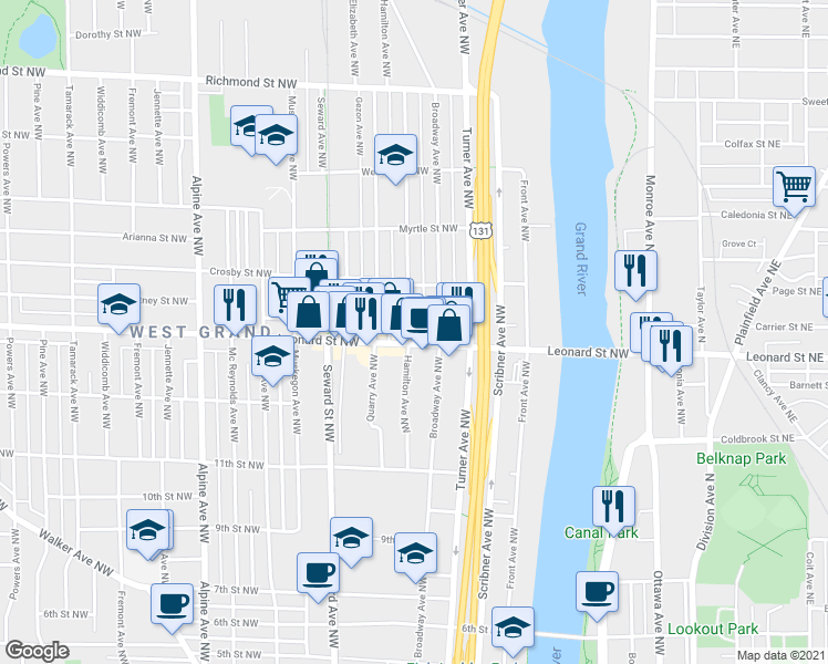 map of restaurants, bars, coffee shops, grocery stores, and more near 1216 Hamilton Avenue Northwest in Grand Rapids